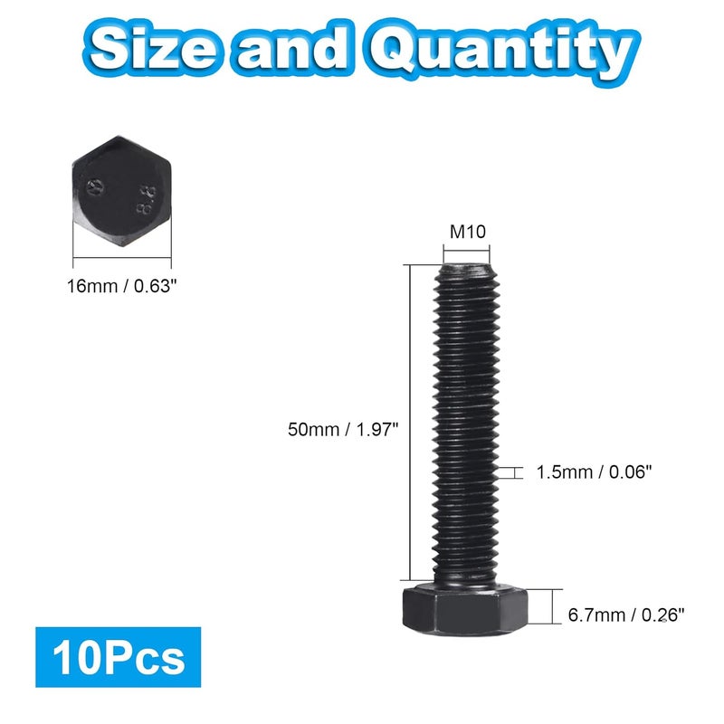 Yinpecly M10 Hex Bolts, M10-1.5 x 50mm Hex Head Bolts, Carbon Steel Grade 8.8, Black Oxide Finish, Full Thread,Metric Hexagon Head Bolts Right Hand External Hex Drive, 10 PCS - Image 2